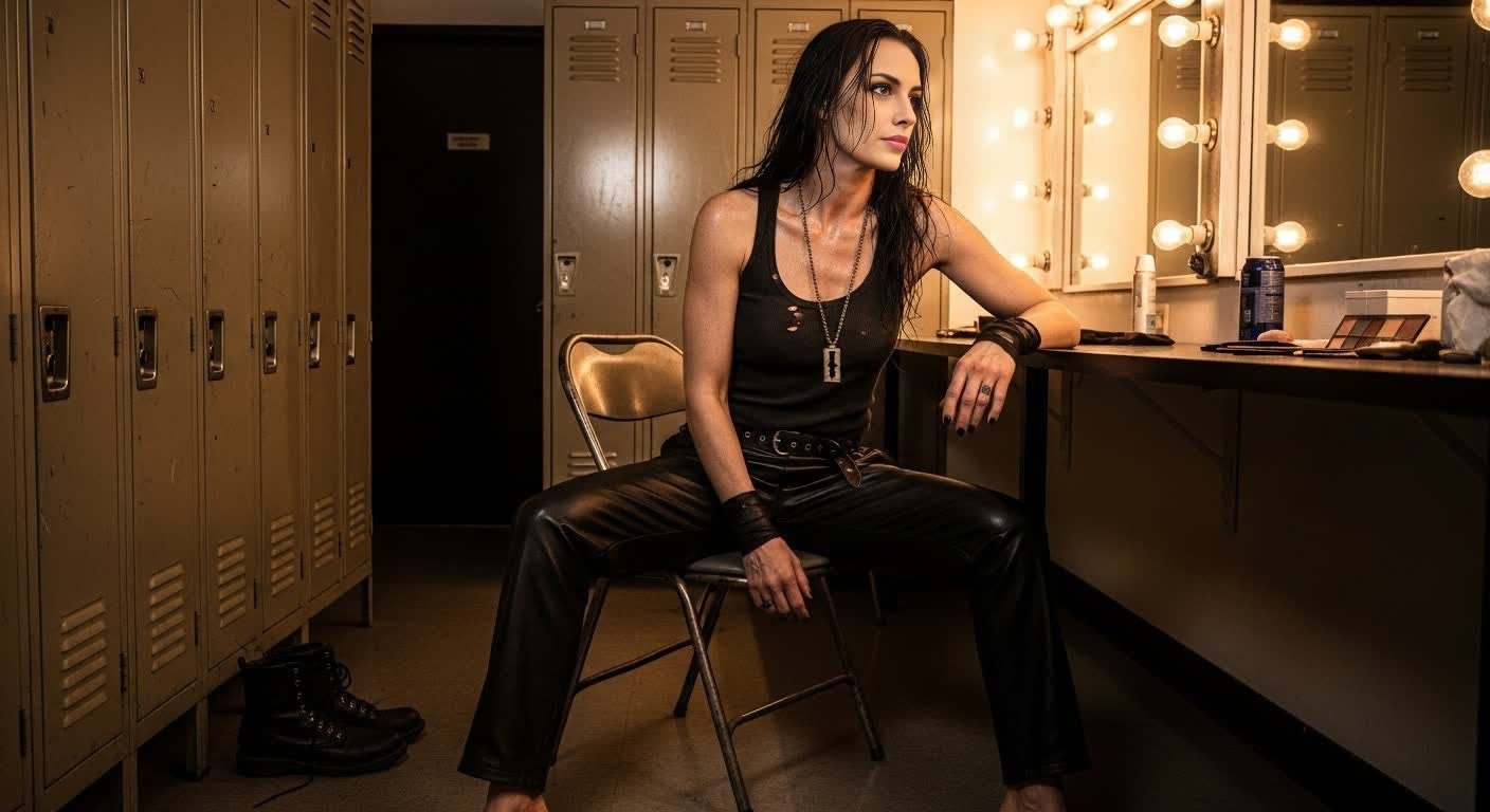 Ravena Deaththorn sits exhausted in a backstage locker room, wearing black tank top and leather pants with boots off"