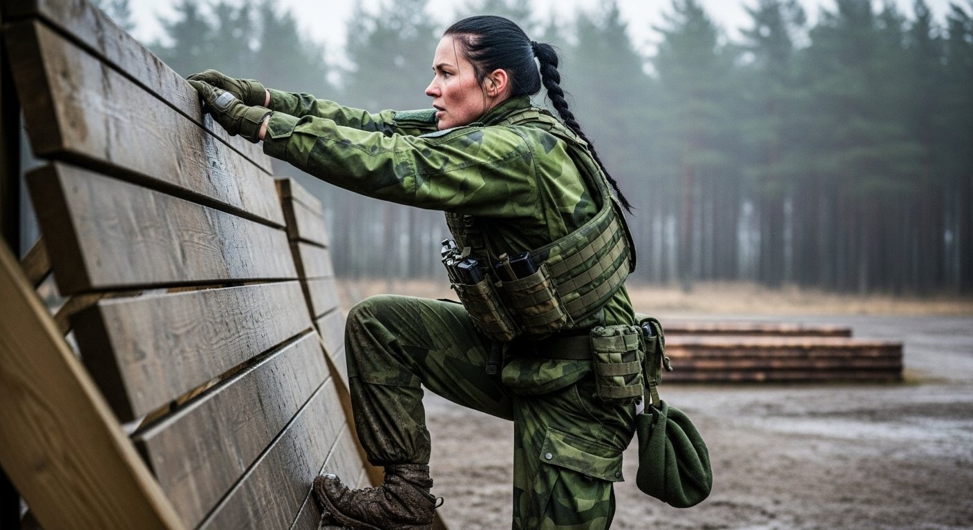 Ravena Deaththorn in Swedish Armed Forces uniform climbing a wooden wall during muddy outdoor military training