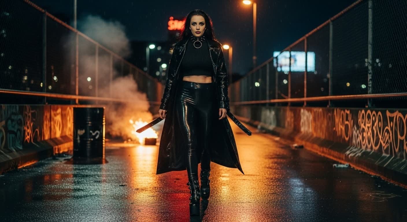 Ravena Deaththorn walking fiercely down a graffiti-covered overpass at night, in latex pants and long PVC coat, fire in background