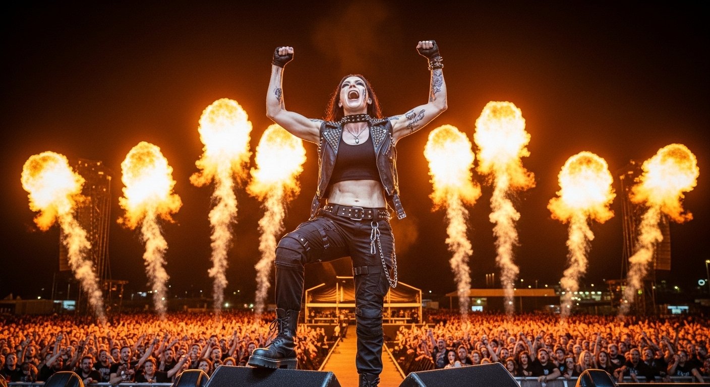 Ravena Deaththorn stands on a monitor box screaming over a massive crowd, arms raised, fire blasts behind her on festival stage