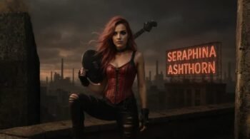 Seraphina Ashtorn holding guitar on rooftop with industrial skyline and red neon sign of her name