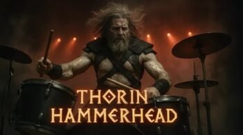 Viking drummer mid-performance with glowing “Thorin Hammerhead” text and orange stage lights behind him.