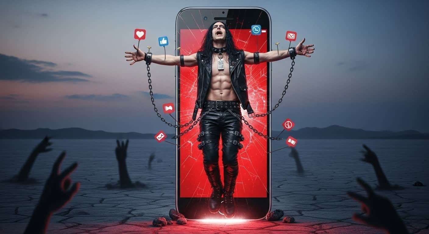 Black metal man chained to giant cracked smartphone, screaming in digital crucifixion, social icons glowing