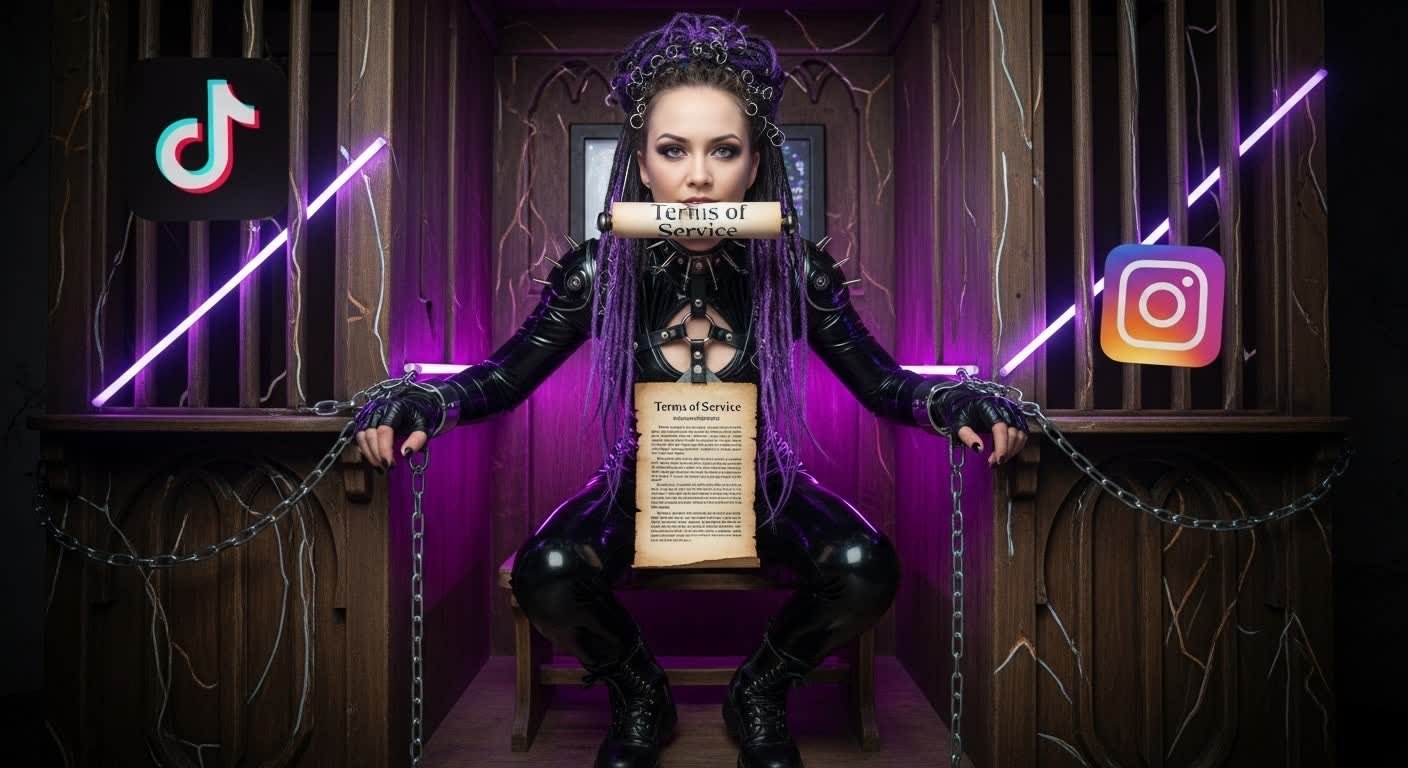 Cyber goth woman gagged with Terms of Service scroll, chained to social media logos in digital confessional