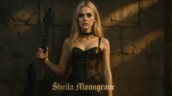 Blonde gothic woman in leather corset holding guitar, standing in front of stone wall with her name displayed