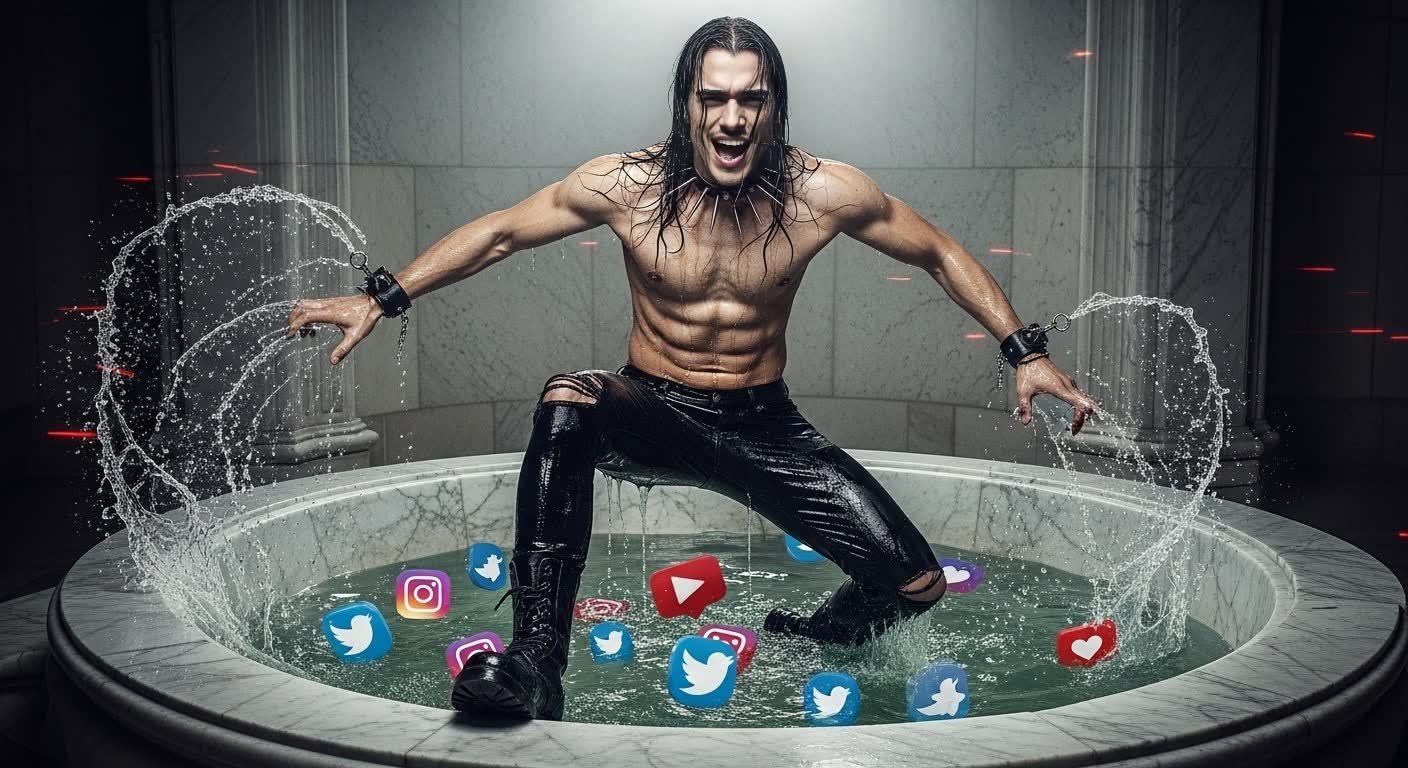 Shirtless black metal man screaming while rising from basin of glowing social media logos, water exploding 