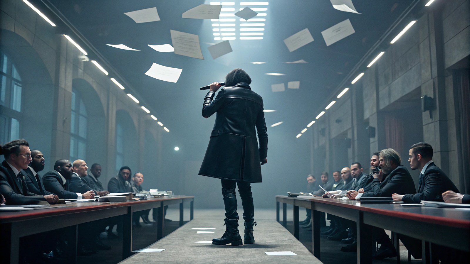 Artist standing on boardroom table confronting music industry suits