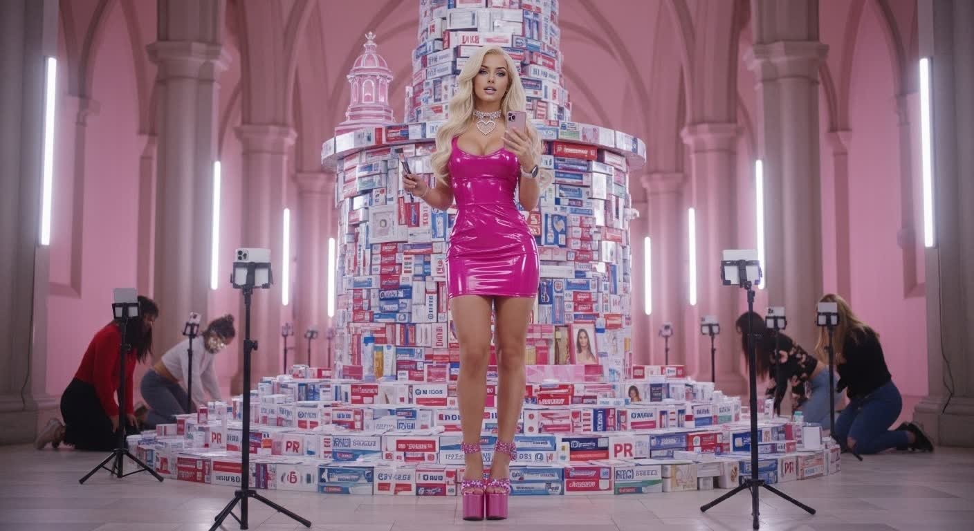 Blonde woman in pink PVC preaching at influencer altar made of beauty boxes, glowing in sterile cathedral