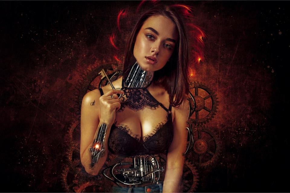 Cyberpunk-inspired woman with biomechanical arms and torso, wearing black lace lingerie with steampunk gears glowing in the background.