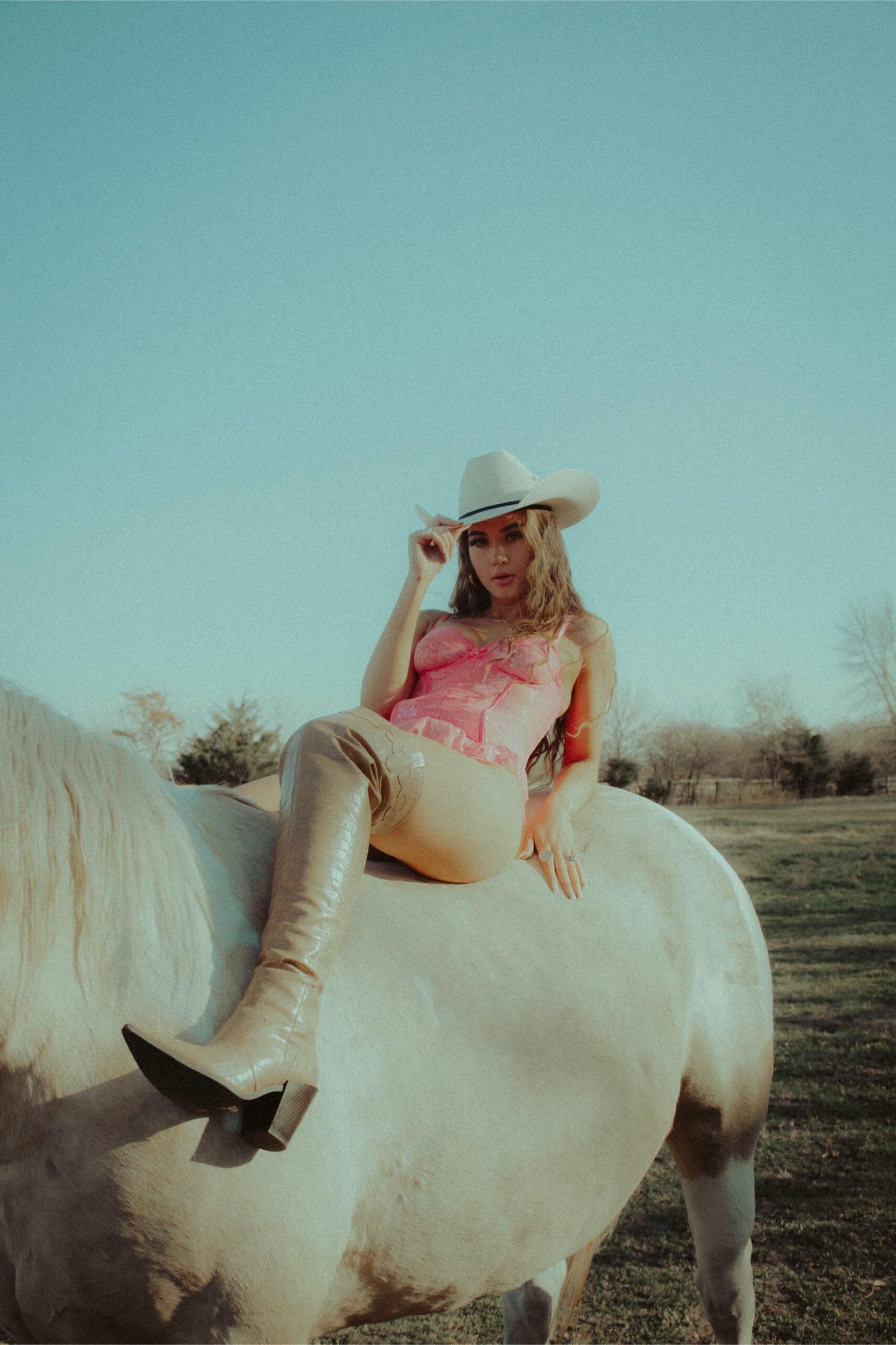 Woman in pink lingerie and thigh-high boots posing on white horse in open field
