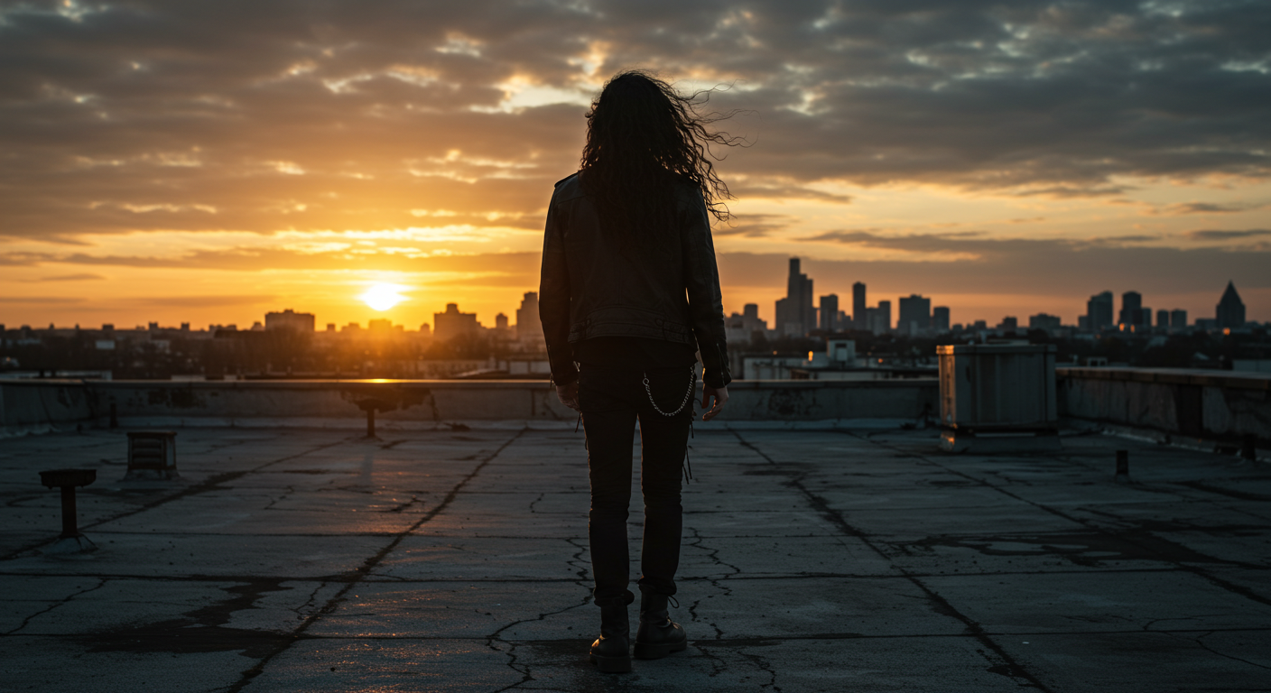 Metalhead on rooftop at sunset facing the city skyline