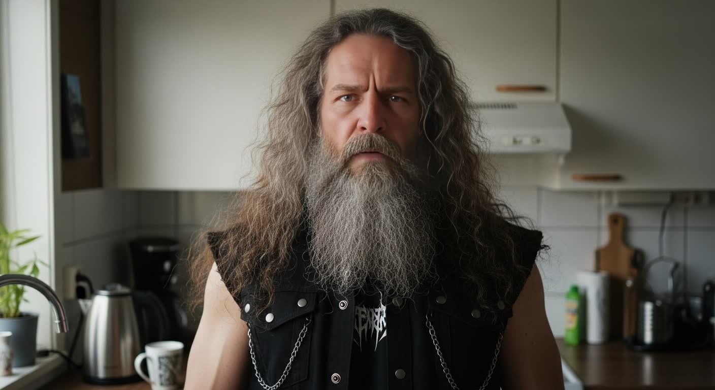 Thorin Hammerhead with long frizzy gray hair and beard, wearing a black metal vest, staring intensely in a kitchen setting.