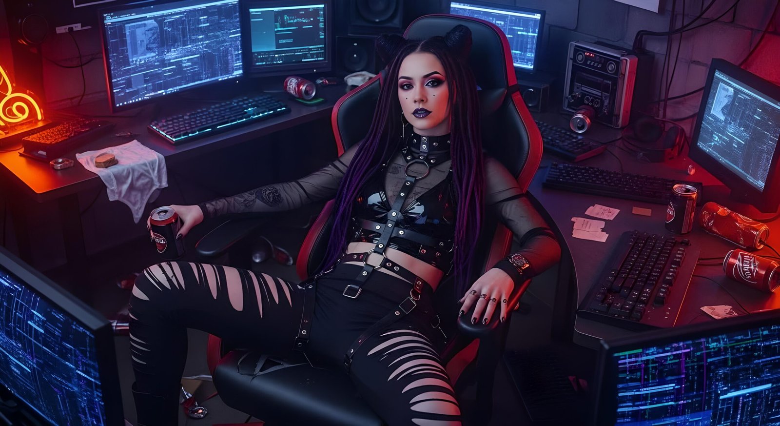 00 Nyx Luna in a cybergoth outfit with synthetic cyberlocks, sitting in a dark hacker den surrounded by monitors and cables.