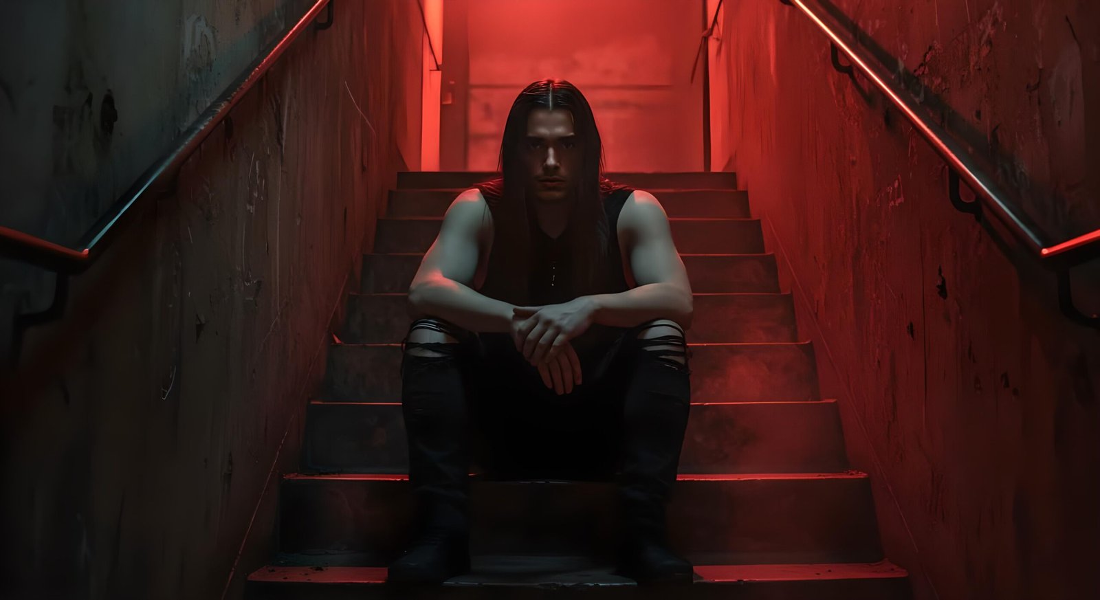 00 Lucien Voidreign sitting in a dark stairwell under red lighting, wearing black clothes with long straight hair and an intense stare.