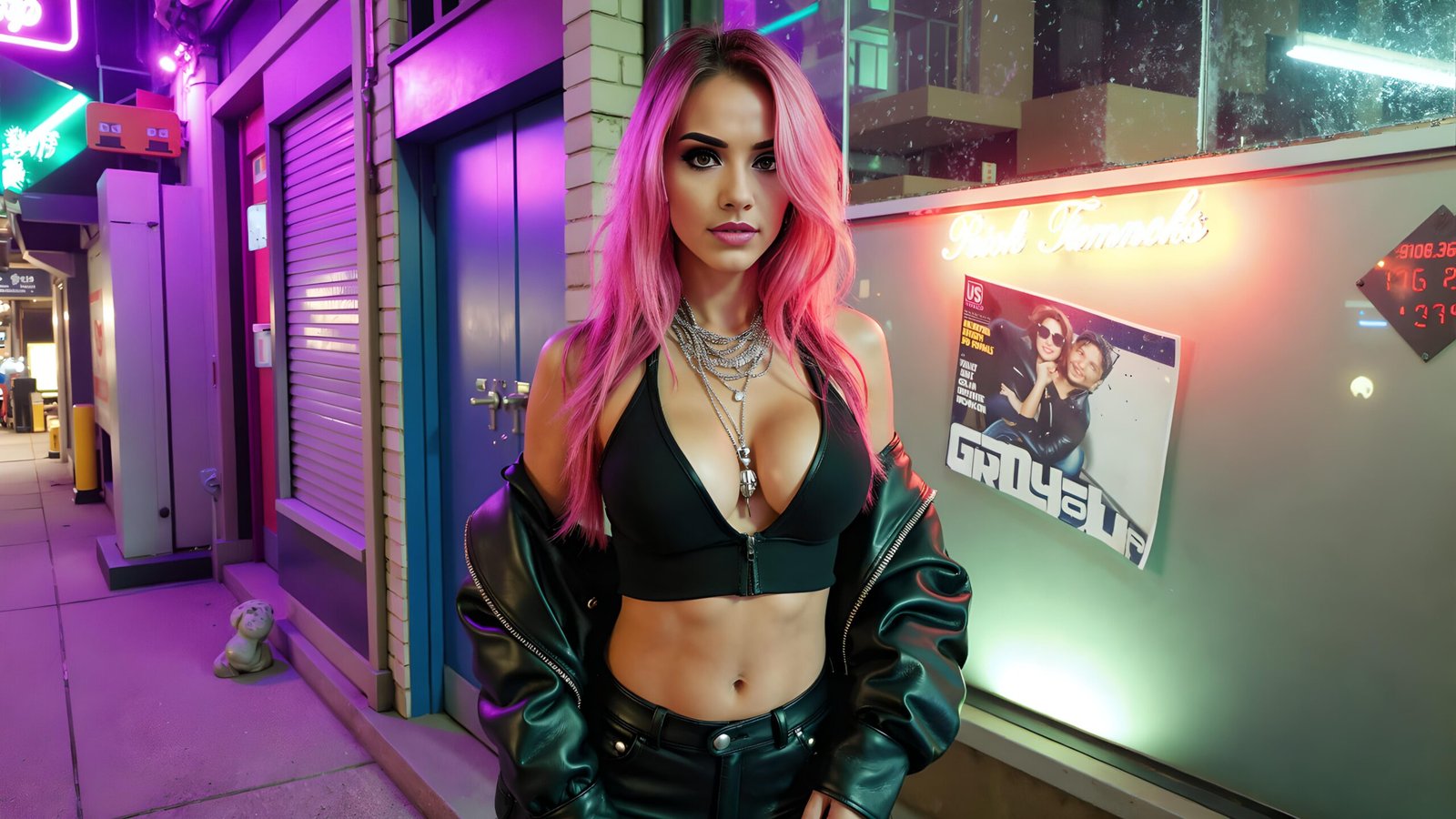 Seraphina Ashthorn wearing a leather jacket and black bra top, showing toned abs and cleavage under colorful urban neon lights.