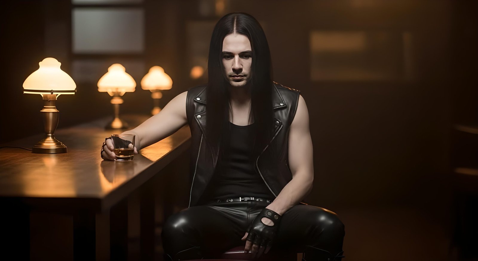 00 Draven Blackthorn sitting alone in a dimly lit bar, wearing black leather and gloves, with long straight black hair and a distant gaze.