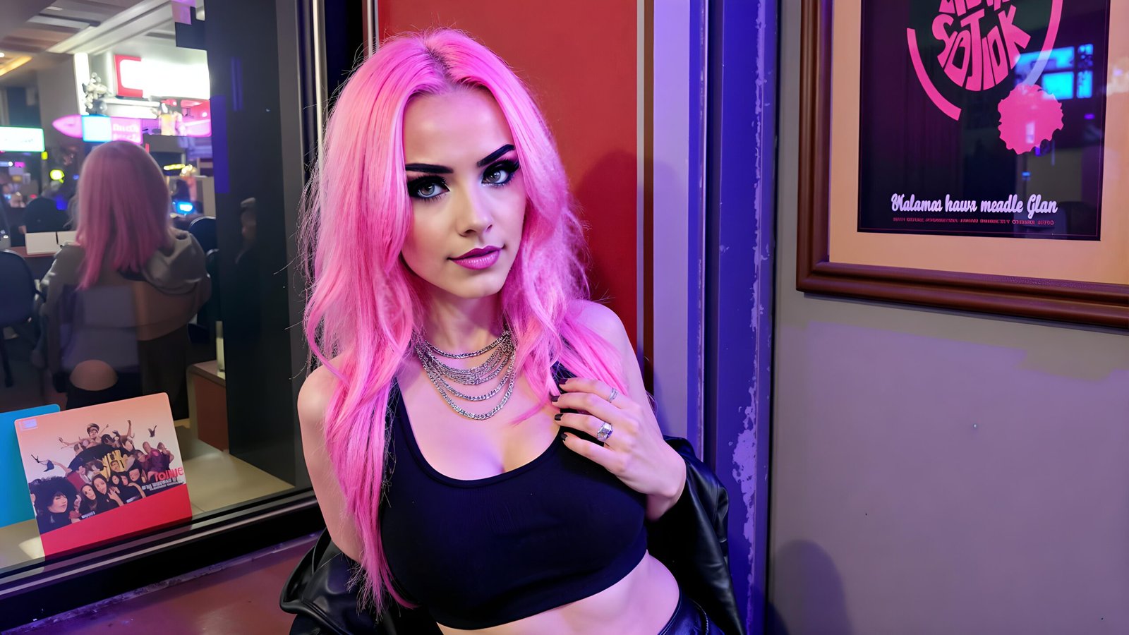 Seraphina Ashthorn with long pink hair, black crop top and layered chains, standing outside a neon-lit window at night.