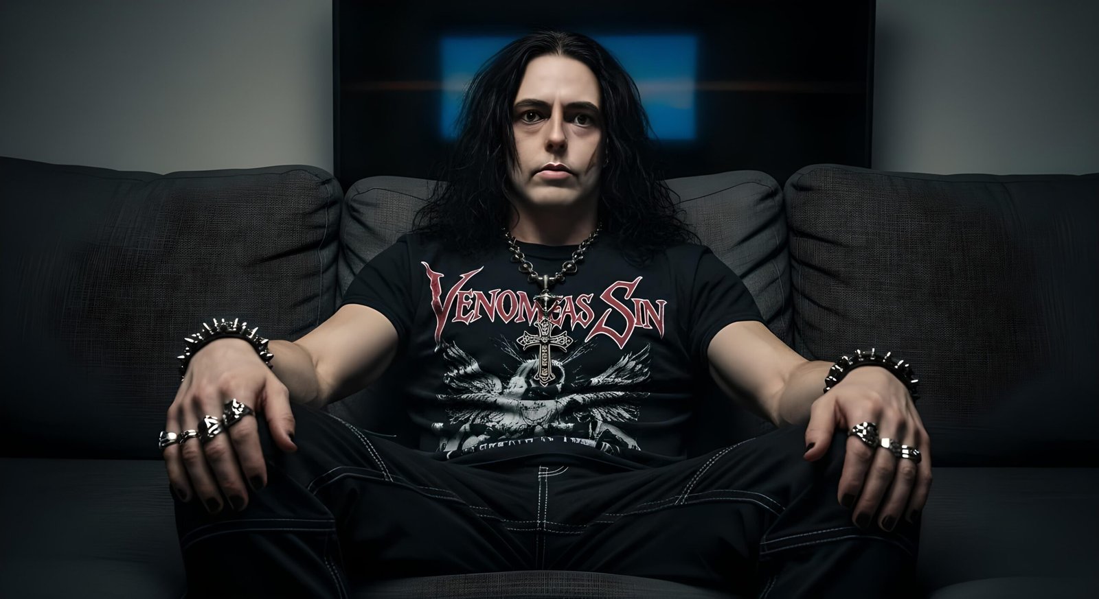 00A Xavi leaning back on a dark couch, arms spread wide, wearing spike bracelets and a Venomous Sin shirt.