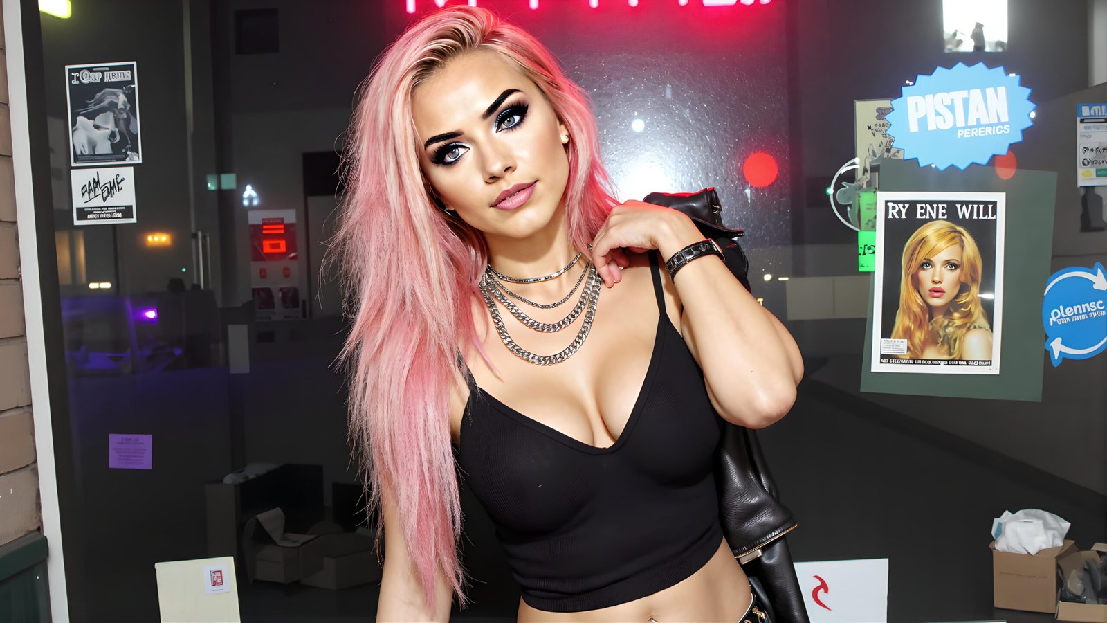 Seraphina Ashthorn in a black top with deep cleavage and silver necklaces, posing confidently in front of a dark window with neon signs.