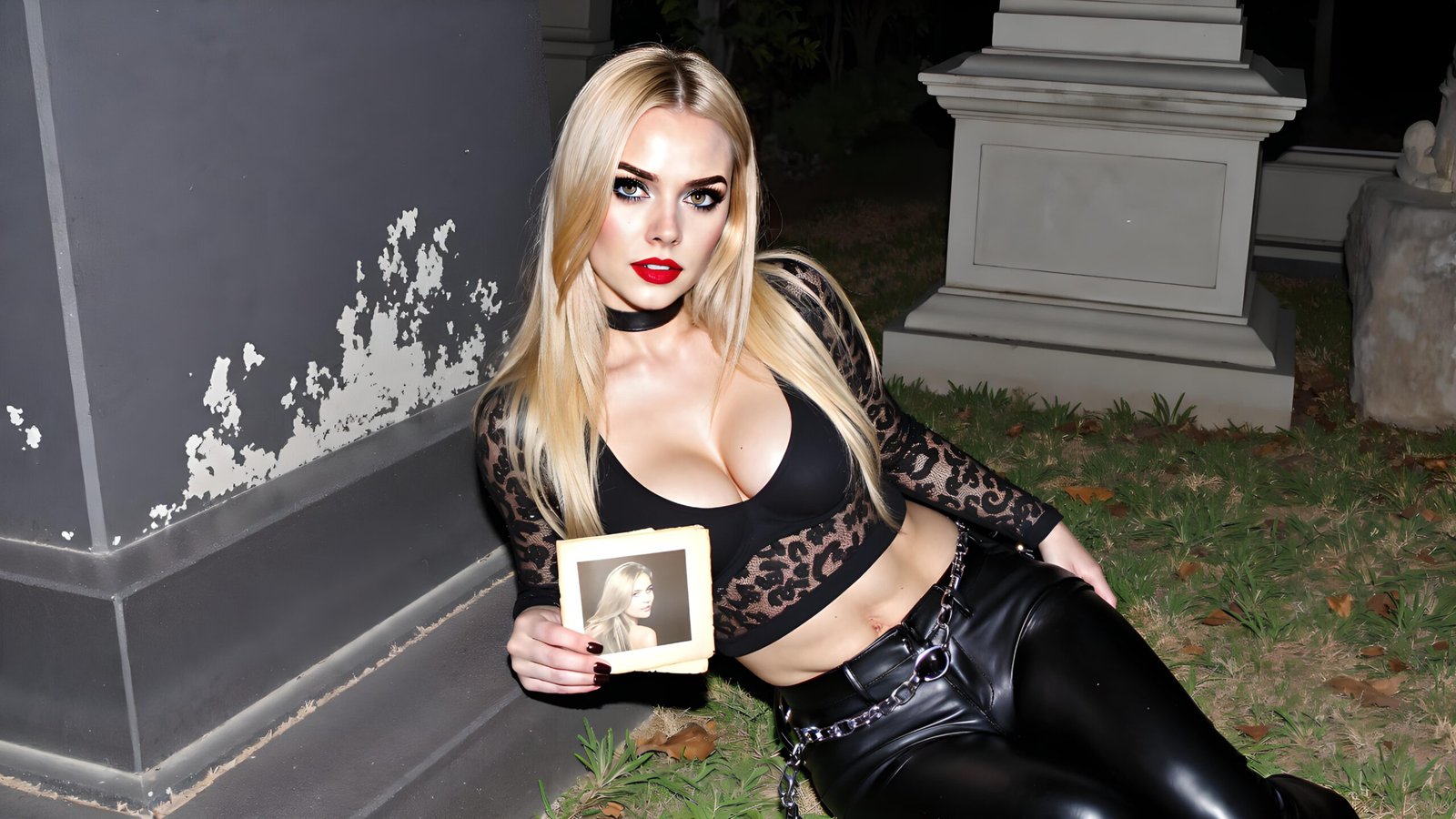 Sheila Moongrave lying against a dark tomb, holding a photo of herself, red lips and cold expression in a graveyard.