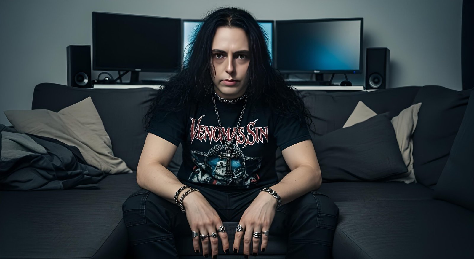 00B Xavi sitting on a black sofa, wearing a Venomous Sin t-shirt and layered metal necklaces, hands clenched between knees.