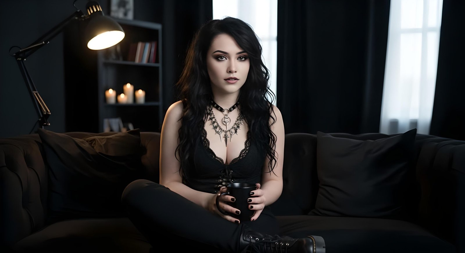00B Sylvana Nightshade sitting on a black sofa, holding a black mug, in a softly lit gothic room with candles in the background.
