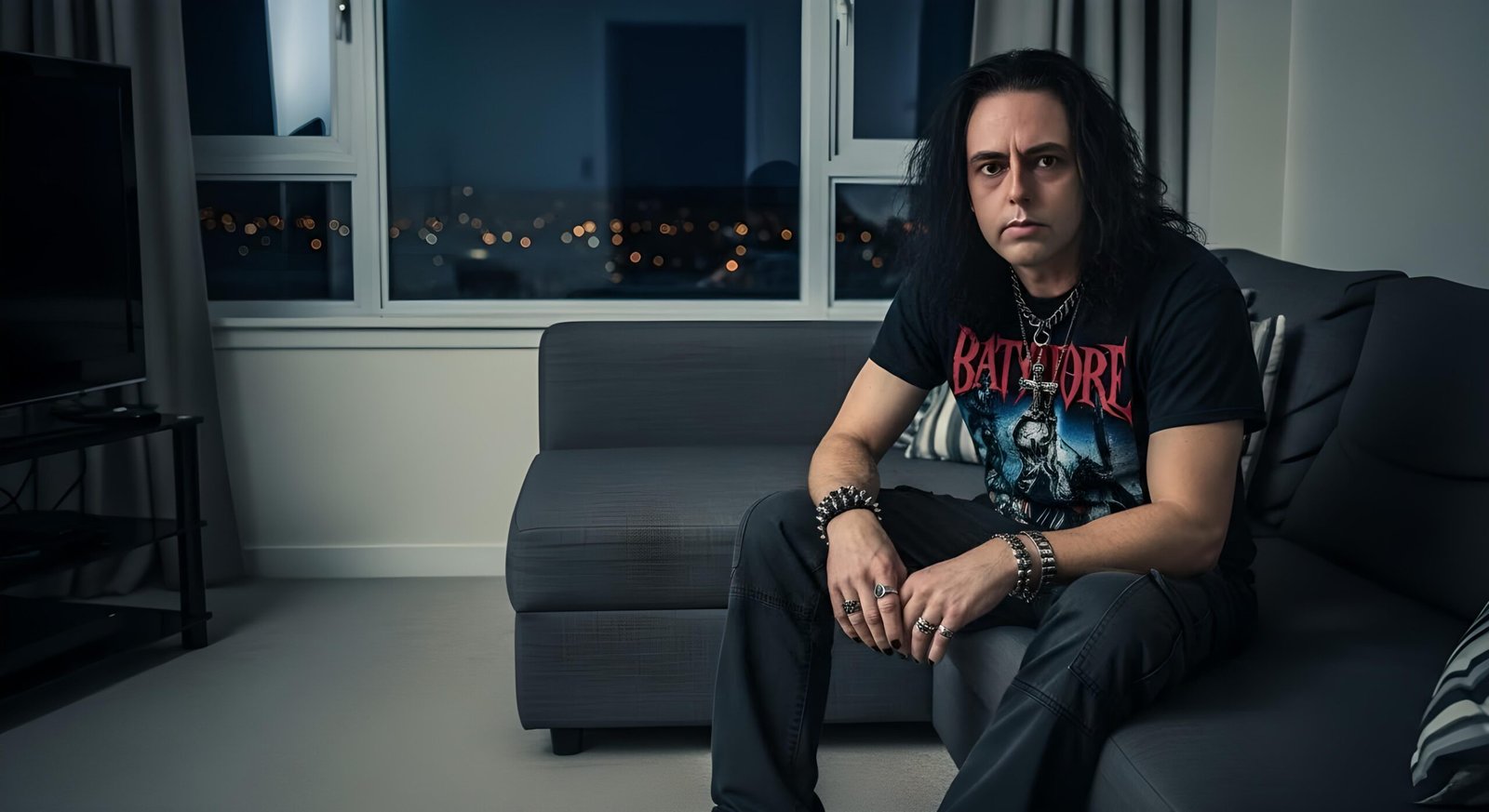 00C Xavi seated on a corner sofa in a modern apartment, wearing a Batmore t-shirt and black pants, looking defiant.