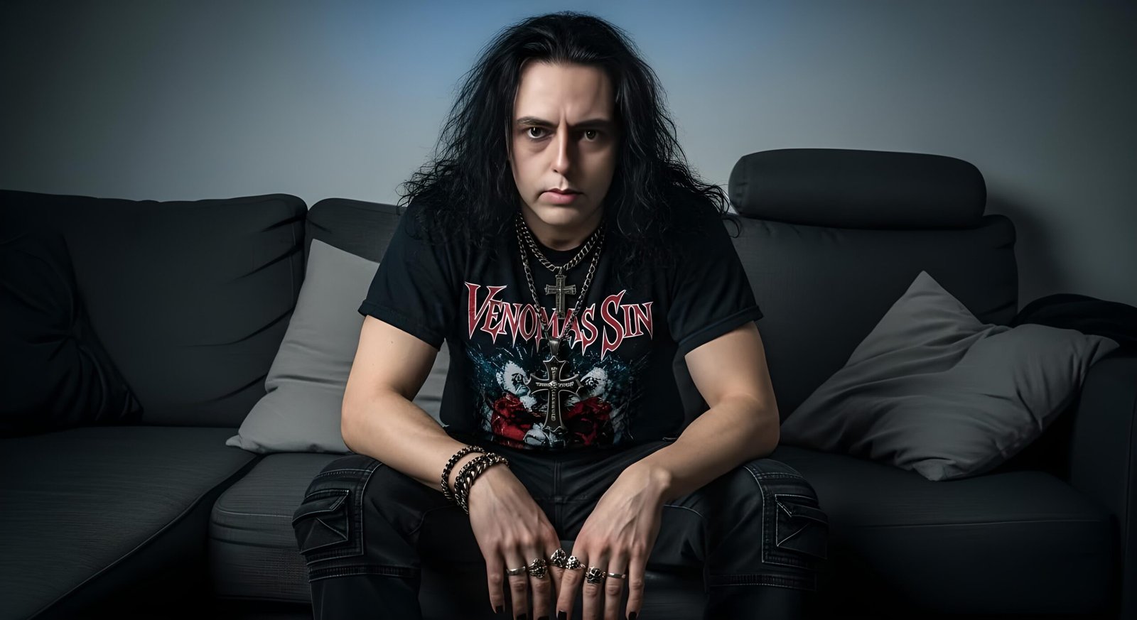 00D Xavi seated in front of multiple monitors, hands tense, wearing a black Venomous Sin t-shirt and heavy metal jewelry.