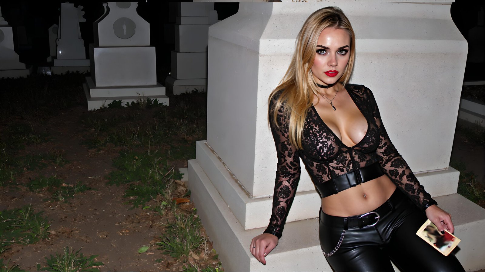 Sheila Moongrave leaning against a white tombstone at night, dressed in lace and black leather, holding a blurred photo.