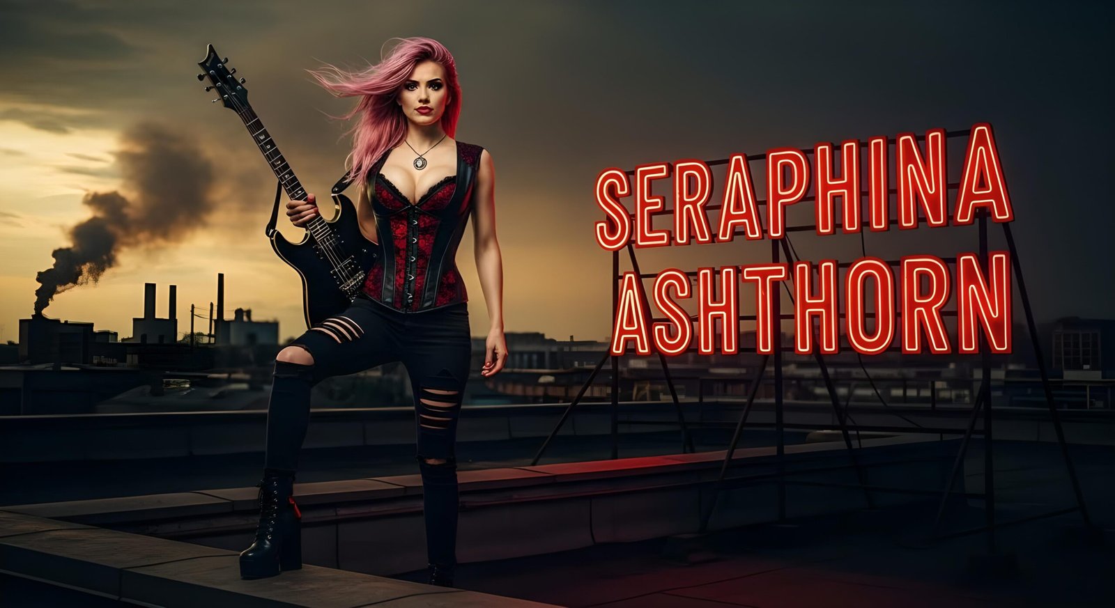 Seraphina Ashtorn holding guitar on rooftop with industrial skyline and red neon sign of her name