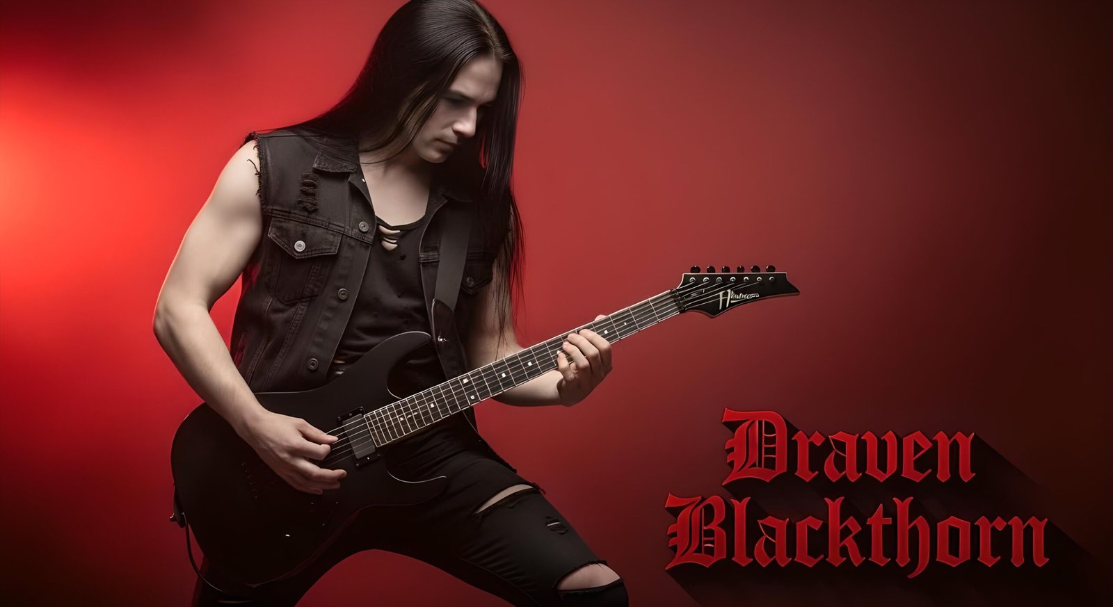 01 Draven Blackthorn playing guitar in front of a red-lit backdrop, wearing black vest with name text in gothic font.