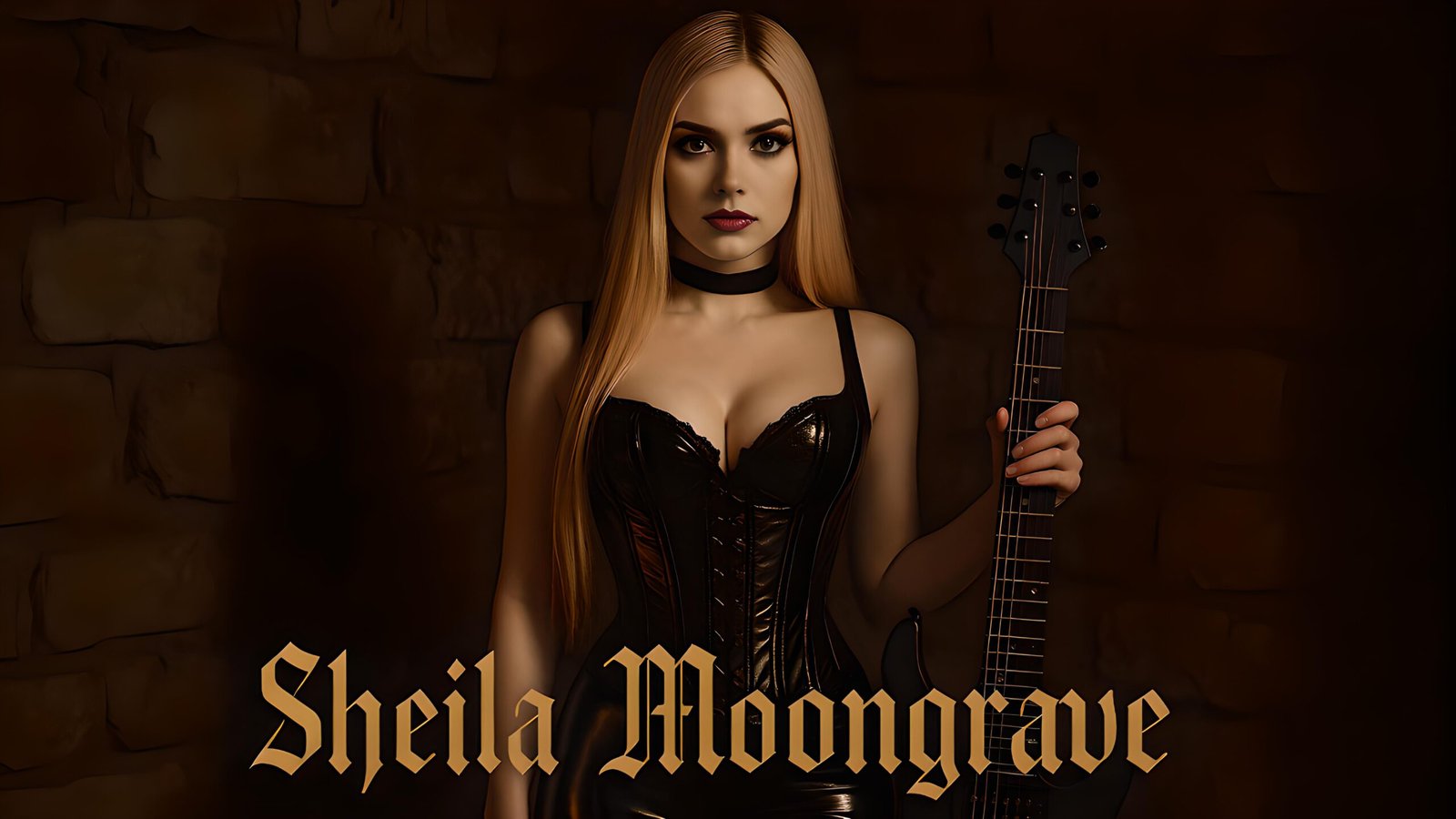 Blonde gothic woman in leather corset holding guitar, standing in front of stone wall with her name displayed