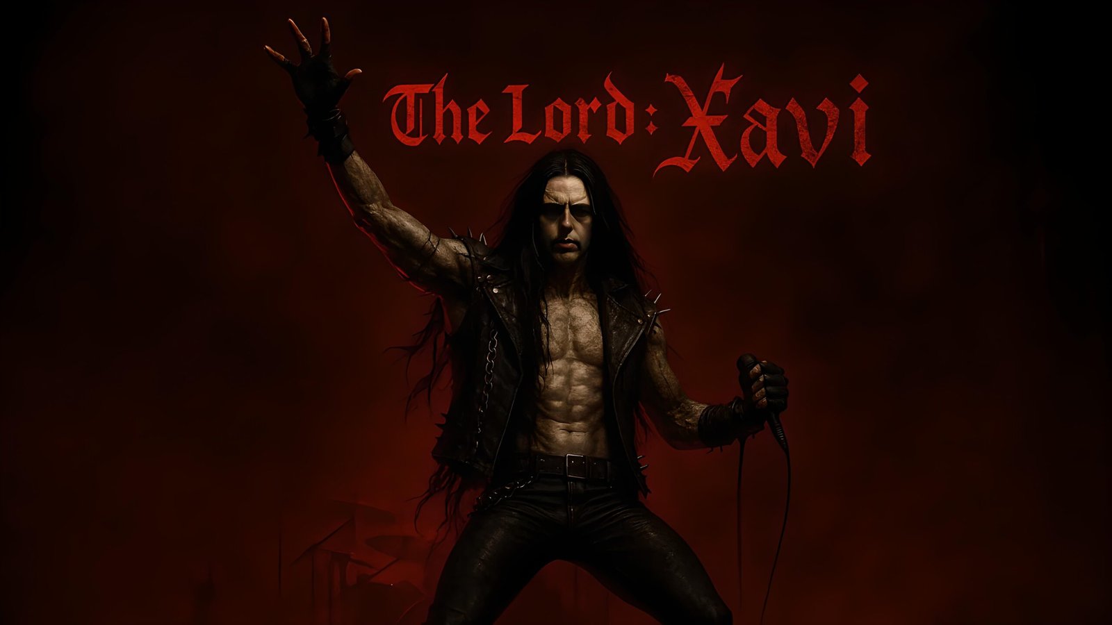 01 Muscular goth metal vocalist with long black hair on stage, red lighting, text reads “The Lord: Xavi”