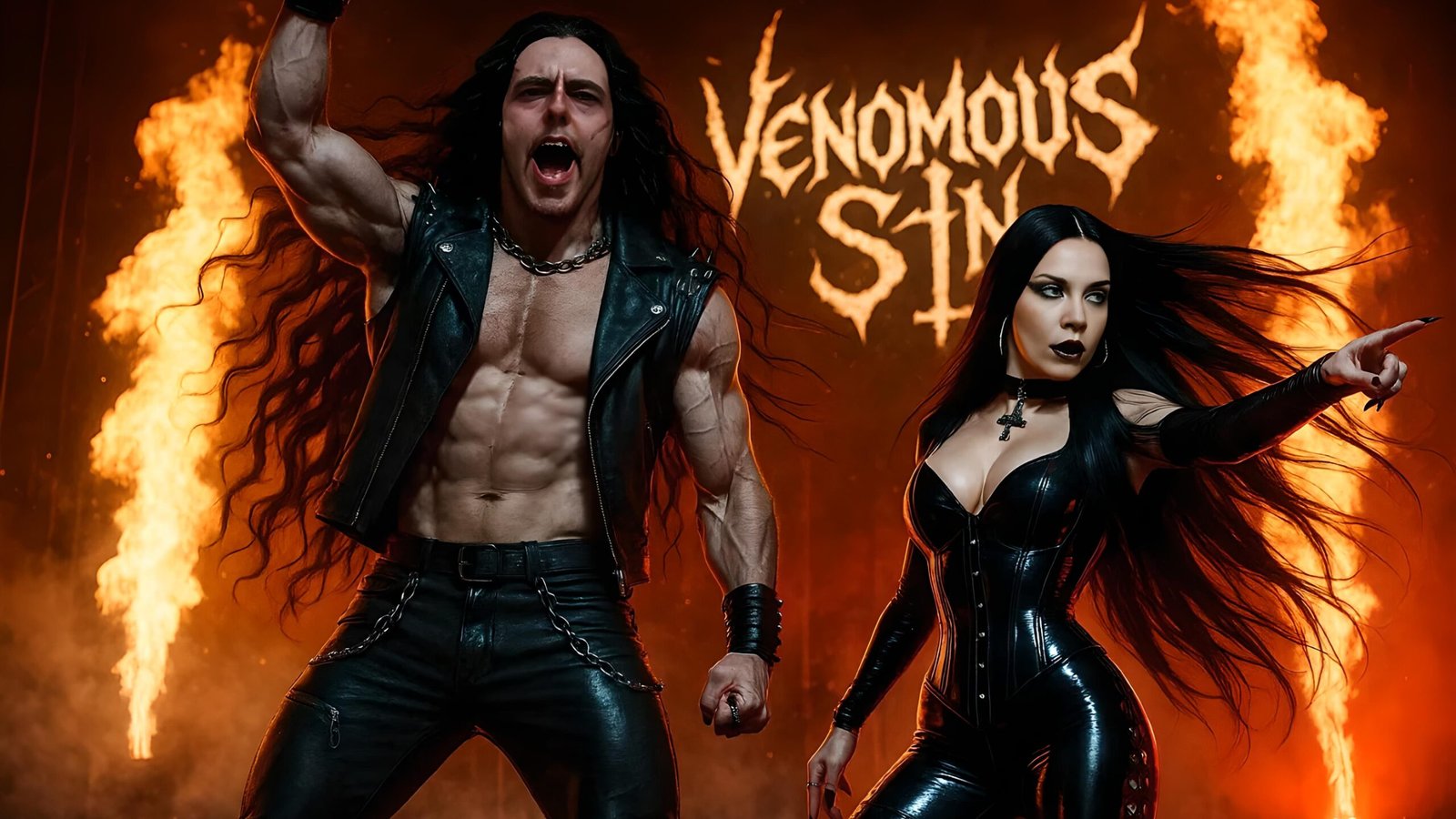 Xavi and Lina perform on stage with flames and the Venomous Sin logo blazing behind them.