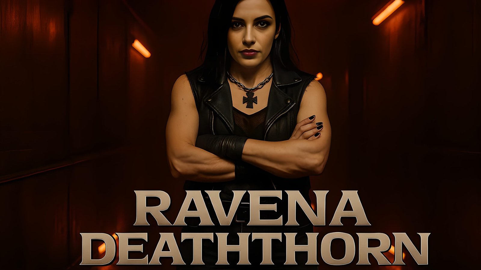 Ravena Deaththorn standing arms crossed in a dark corridor lit by red neon, black leather vest and intense glare