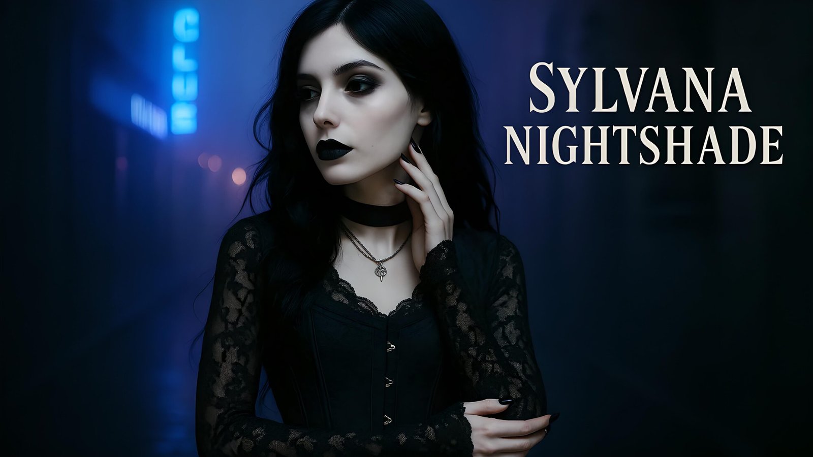 Sylvana Nightshade in gothic lace top under neon light with name in blackletter typography