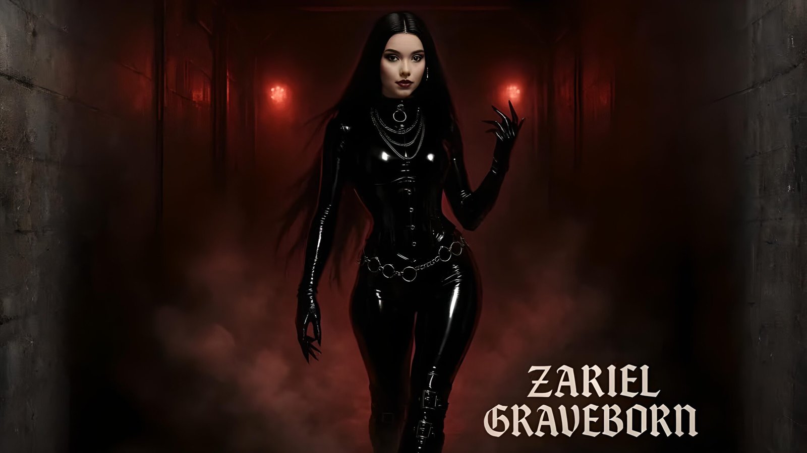 Zariel Graveborn walking through foggy dungeon hallway in latex catsuit, name displayed in Gothic font.