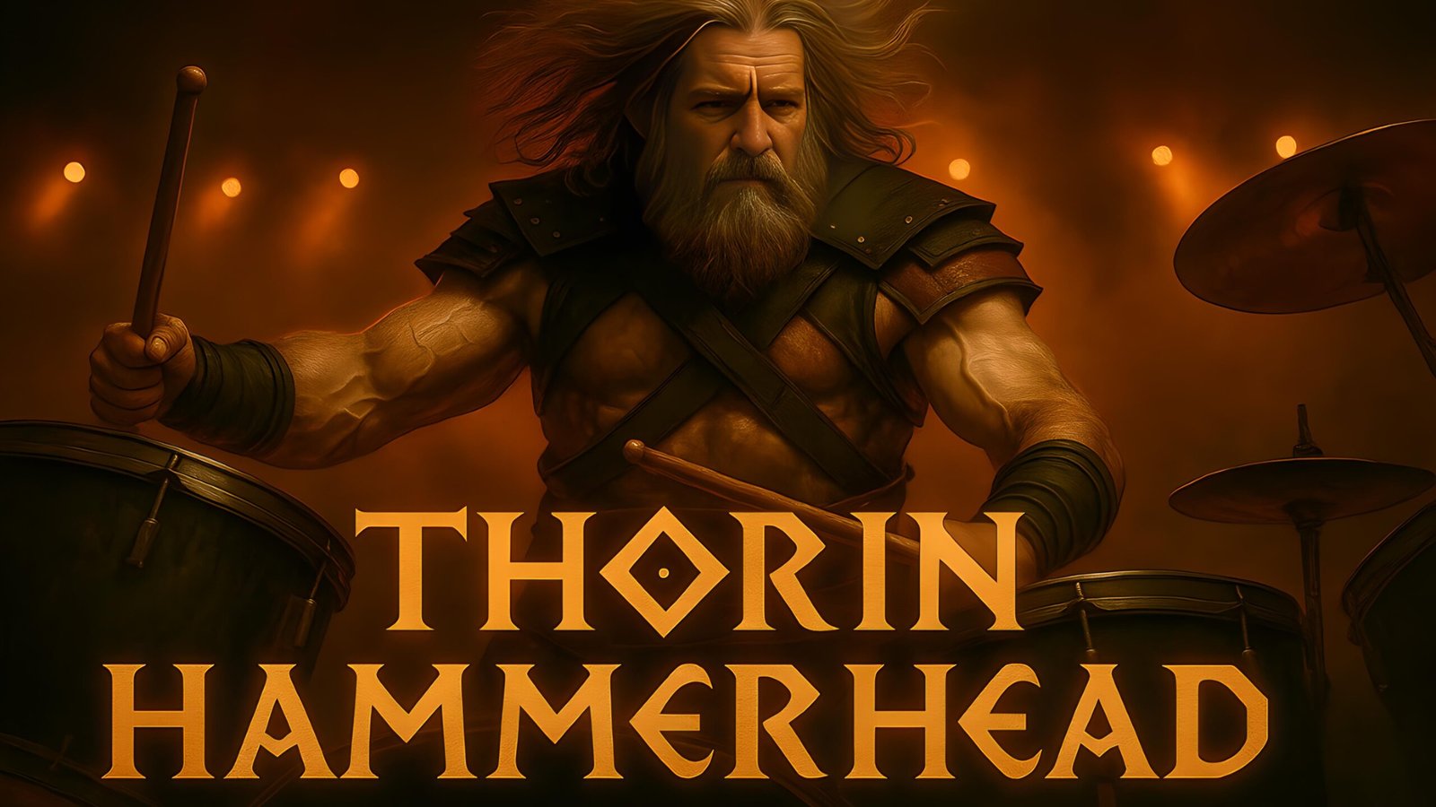 Viking drummer mid-performance with glowing “Thorin Hammerhead” text and orange stage lights behind him.