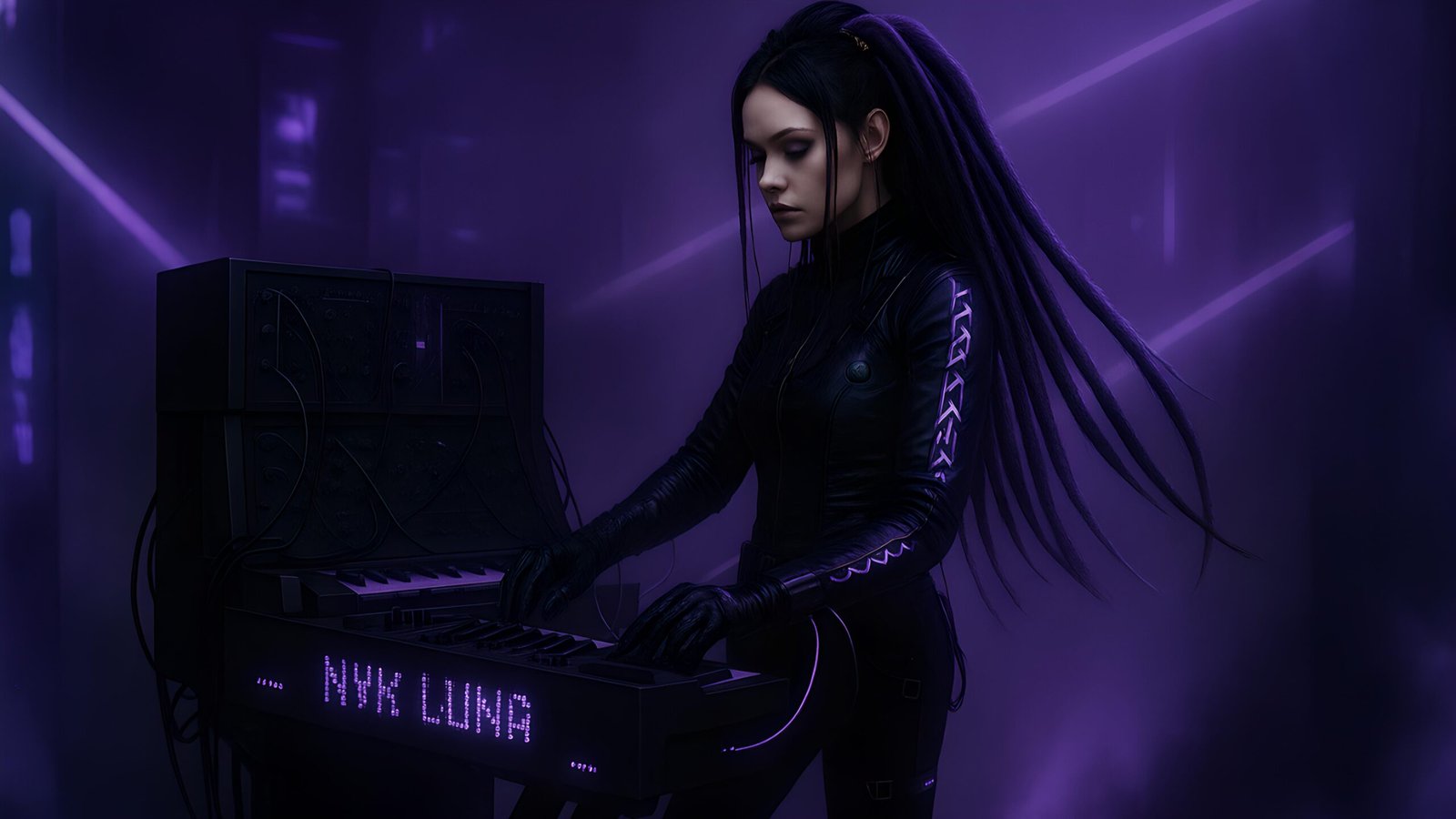Gothic woman with cyberdreads playing futuristic synth rig labeled Nyx Luna in purple-lit stage