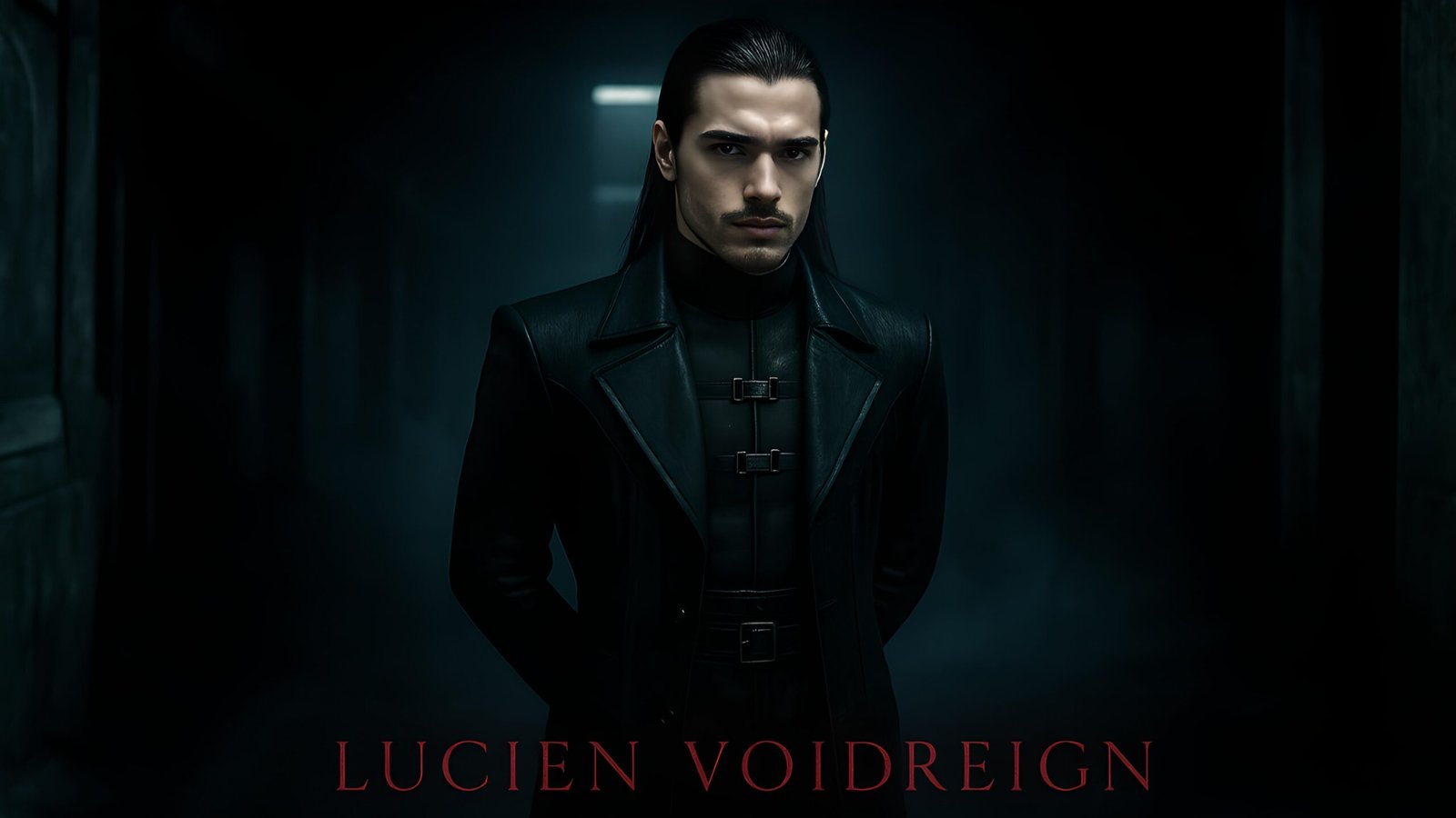 Lucien Voidreign standing in a dark corridor, wearing a black leather coat with hands behind his back
