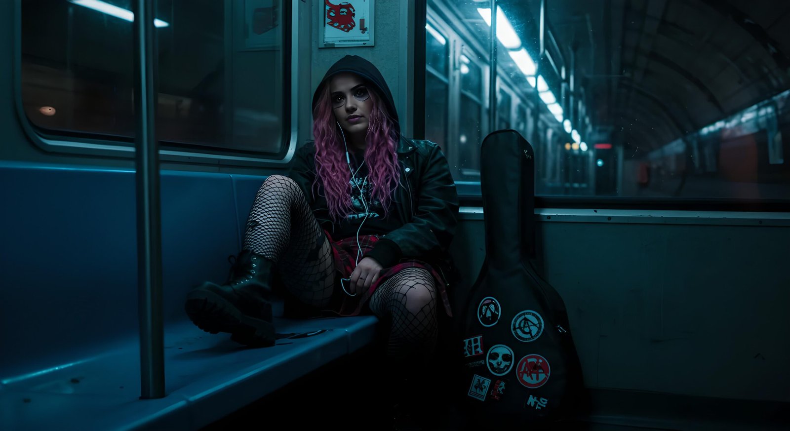 Seraphina Ashtorn sitting alone in empty subway with hoodie, guitar case, and fishnet tights