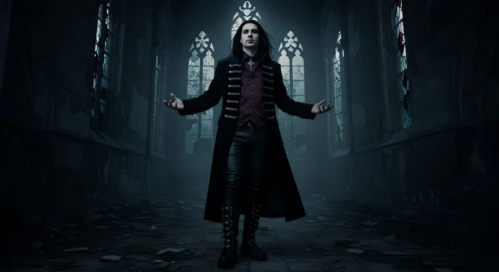 02 Draven Blackthorn standing in abandoned chapel ruins with arms raised, wearing long black coat and red shirt.