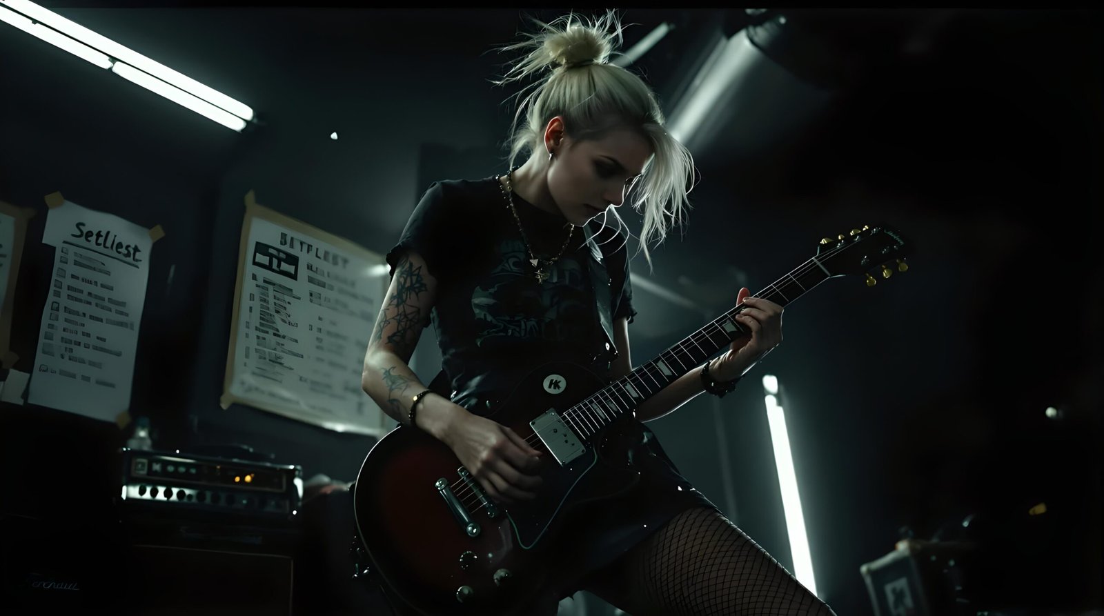 Tattooed guitarist rehearsing in dim room, wearing a band tee and playing intensely under fluorescent lights