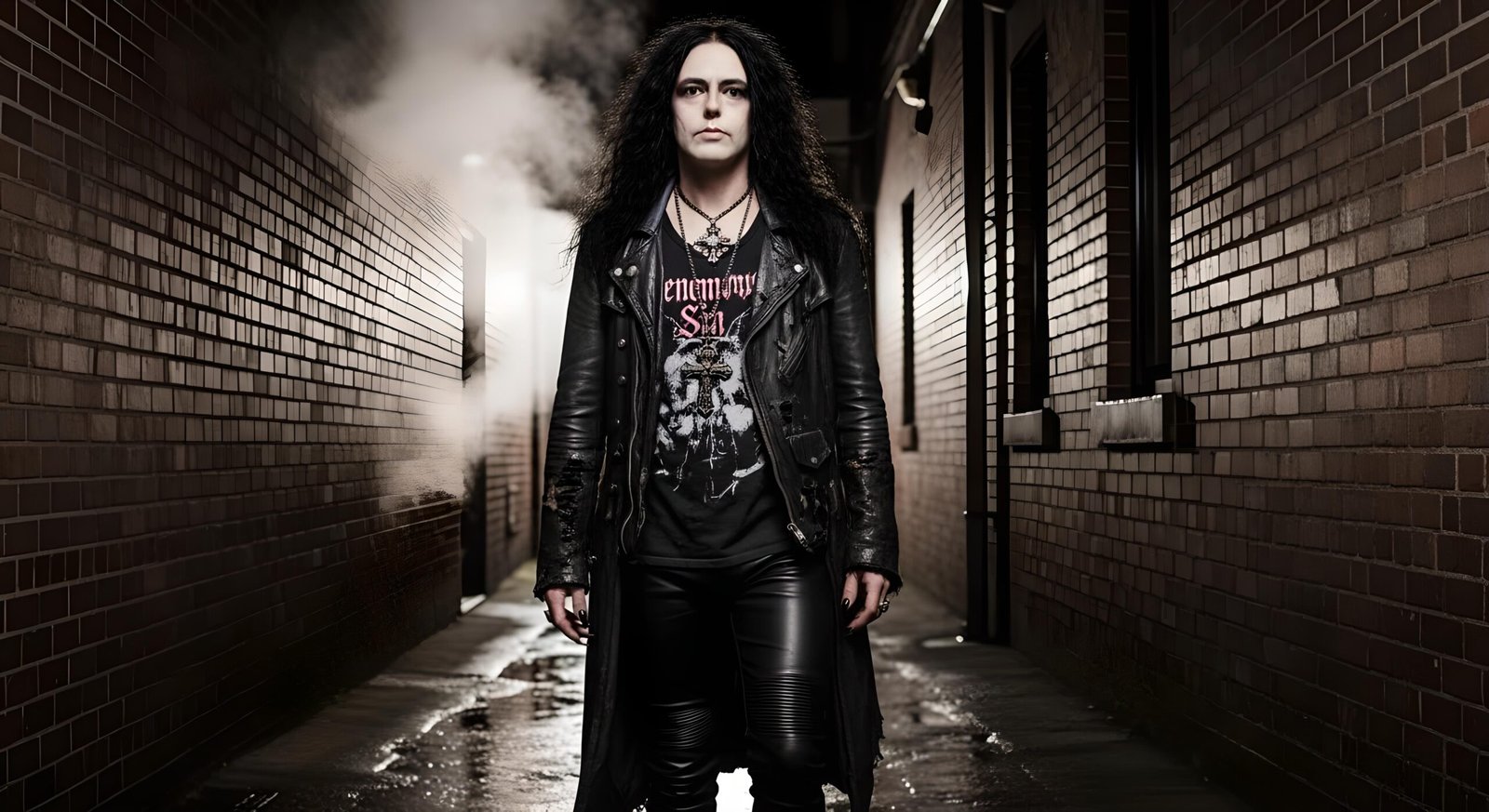 02 Xavi walking alone in a wet brick alley, long black coat and Venomous Sin shirt, backlit by steam and shadows.
