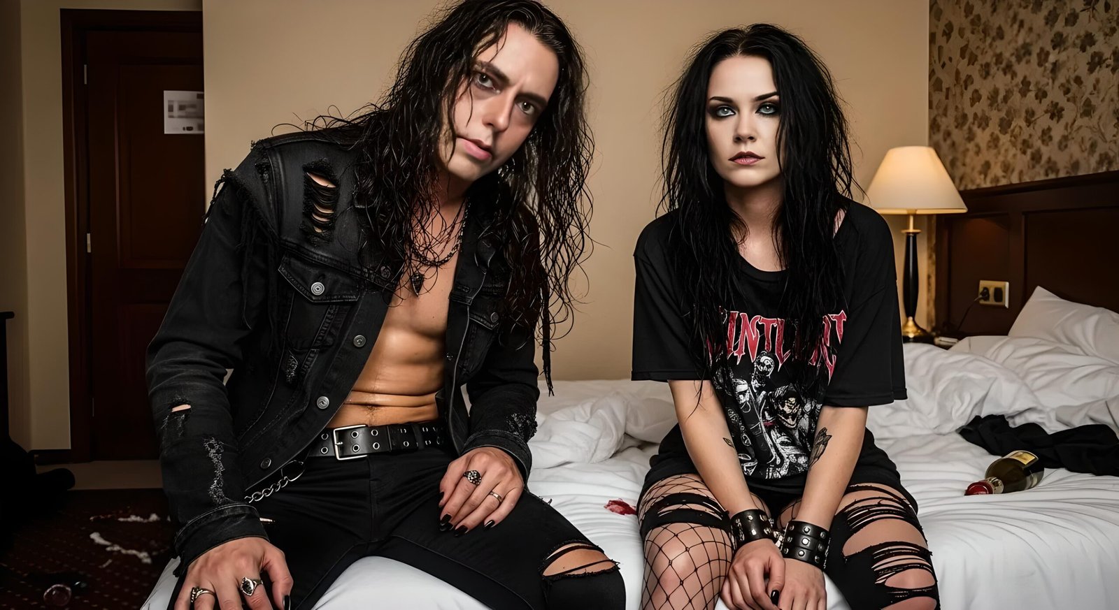 Xavi and Lina sit on a messy hotel bed in ripped clothes after a chaotic live show.