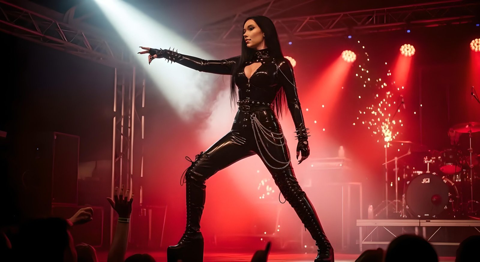 Zariel Graveborn dominates stage in black latex catsuit, pointing toward crowd under red lights and pyros.