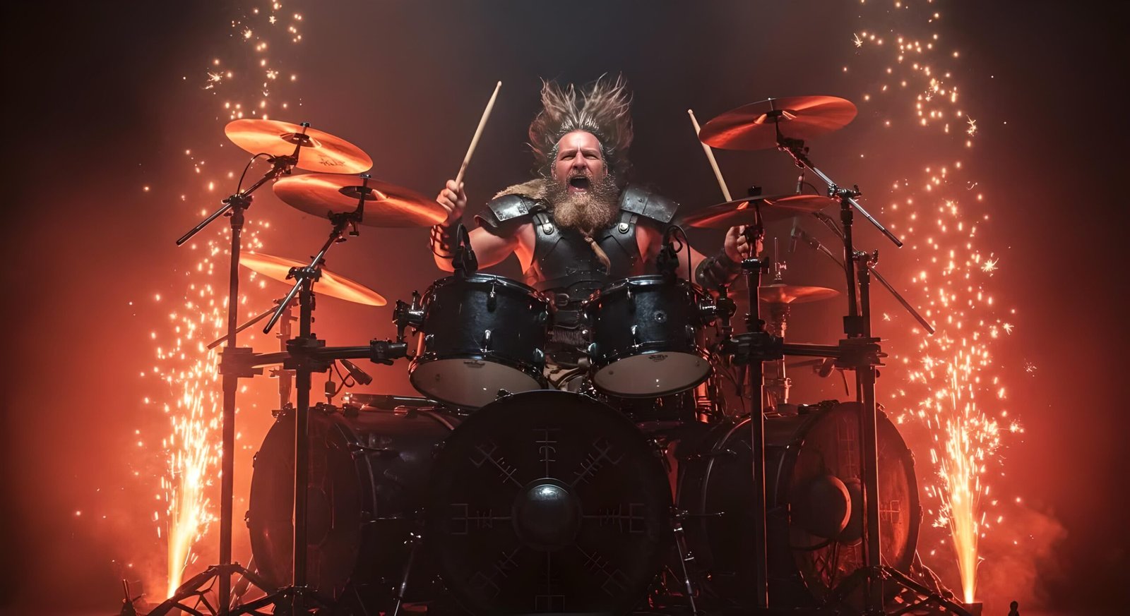  Frantic drummer in black armor screaming behind a massive drum kit with firework sparks on both sides.
