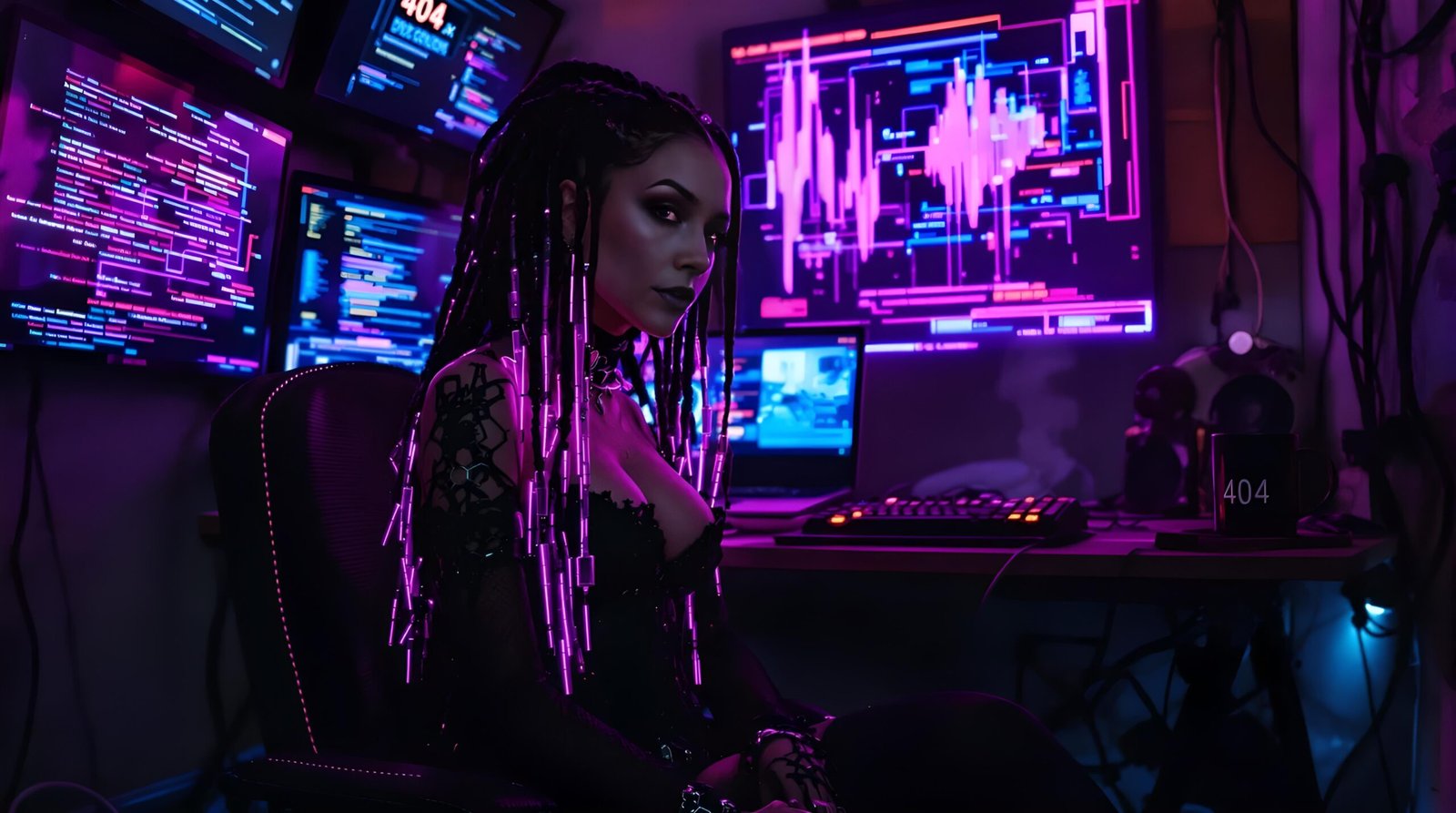 02 Close-up of black claw gloves on keyboard labeled Nyx Luna, with glowing cables and neon light
