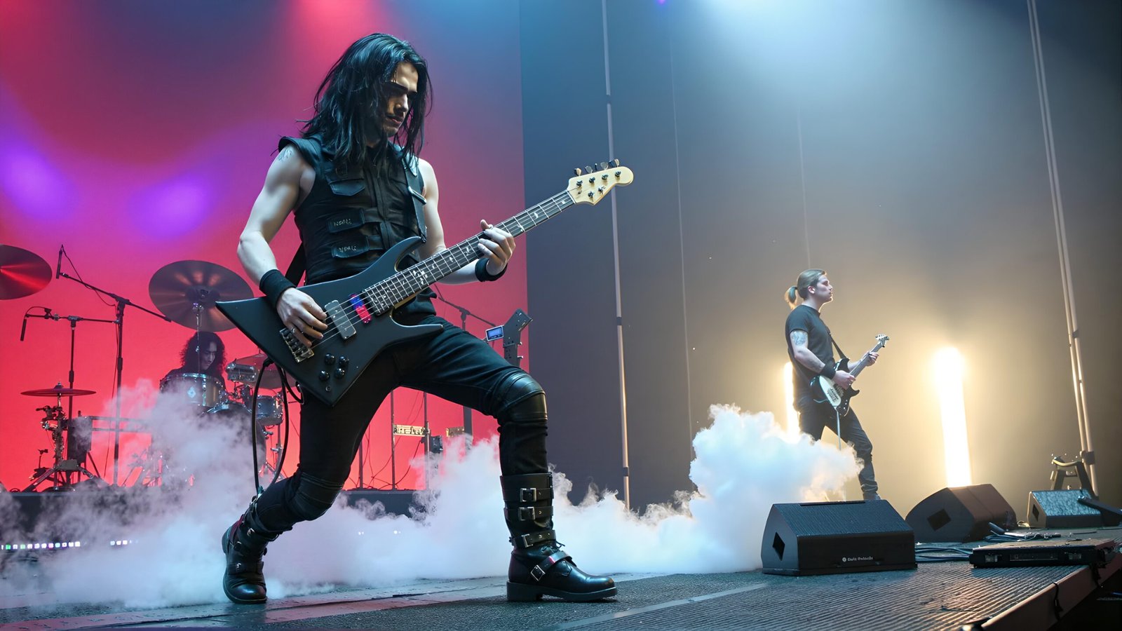 02 Lucien Voidreign playing bass on a foggy stage in front of a red-lit backdrop, dressed in tactical black