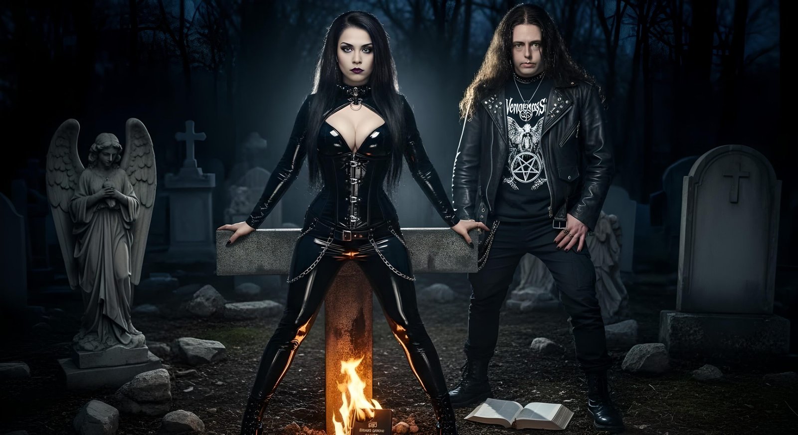 Gothic duo in leather and latex in cemetery, cross between them, open book on fire